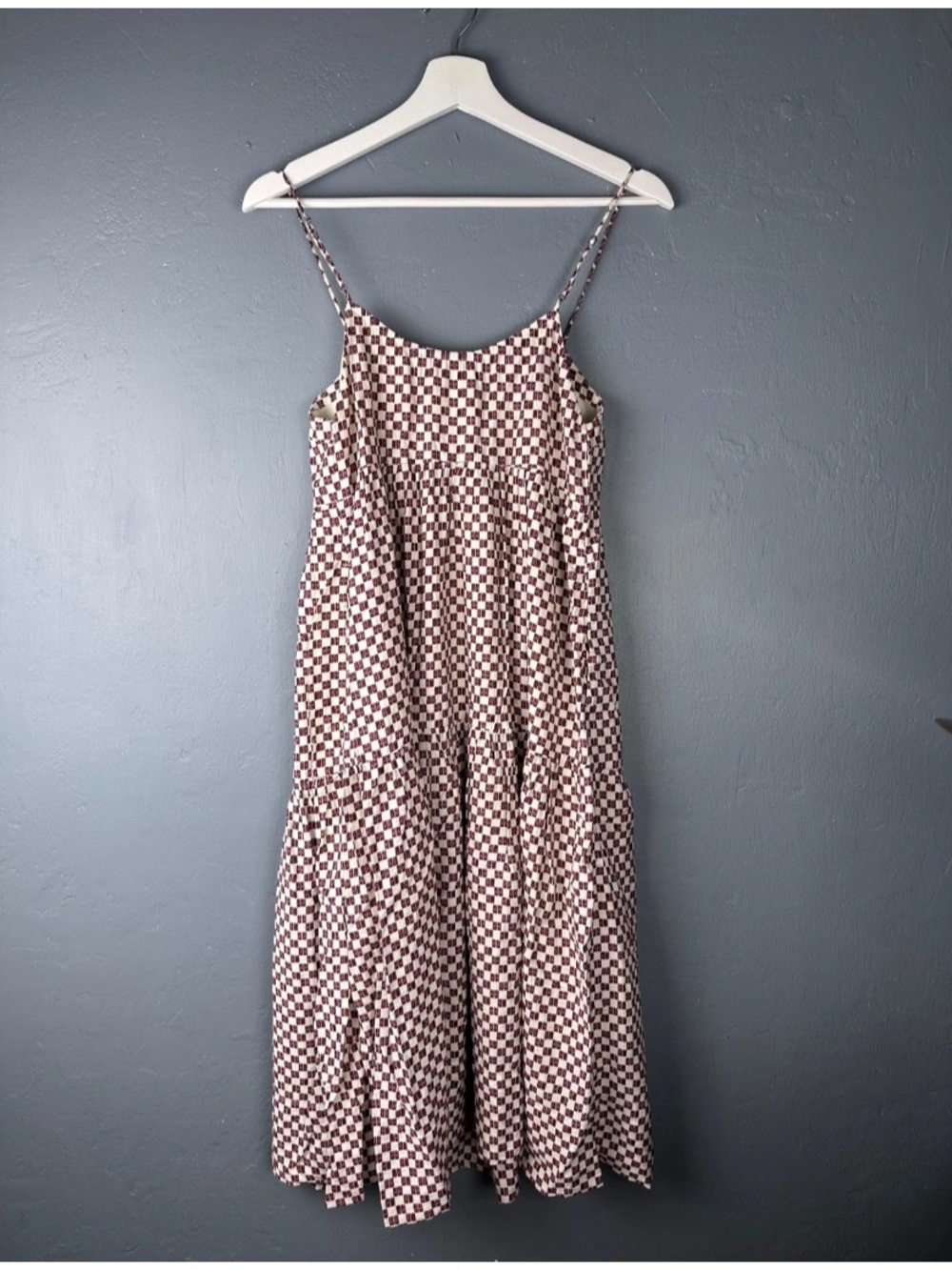 Abercrombie & Fitch Sz XS Petite White Burgundy Checked Strappy Midi Dress